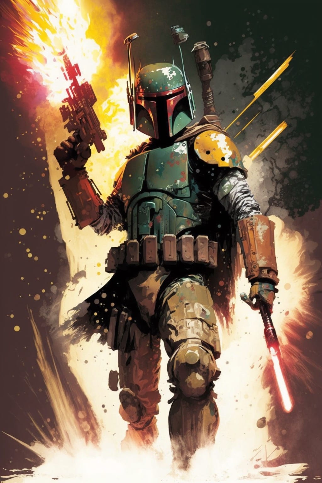 /imagine prompt: Boba fett, firing blaster, comic book style --ar 2:3